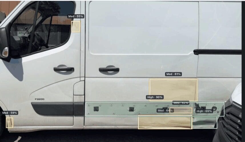 The Verion AI Damage Review: AI-detected damage markers on a vehicle, each scored with a confidence percentage and a confirm or reject decision