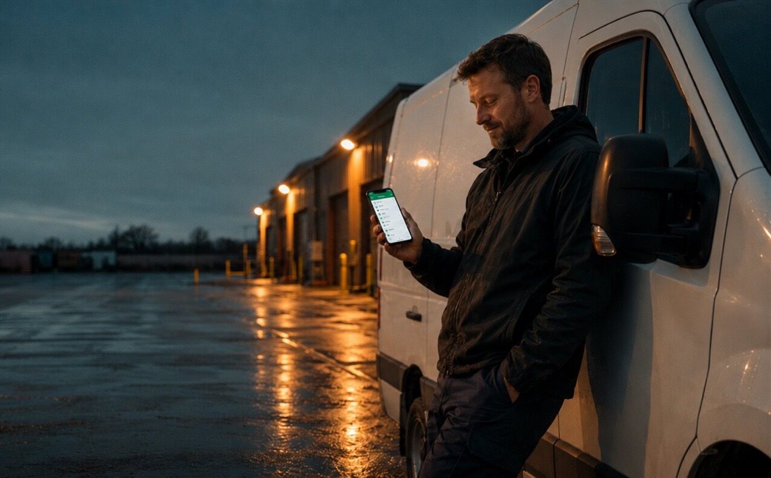 A delivery driver completing onboarding on his phone beside a van