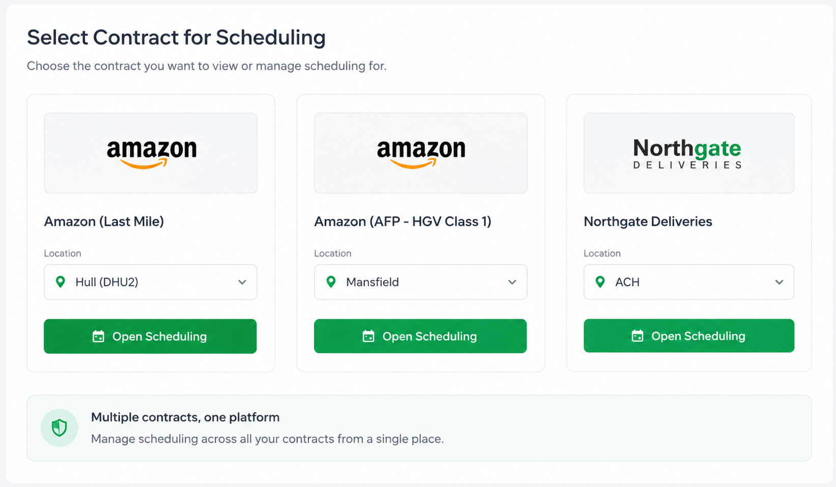 The Verion scheduling view: selecting a contract across Amazon Last Mile, Amazon AFP and own-account delivery work